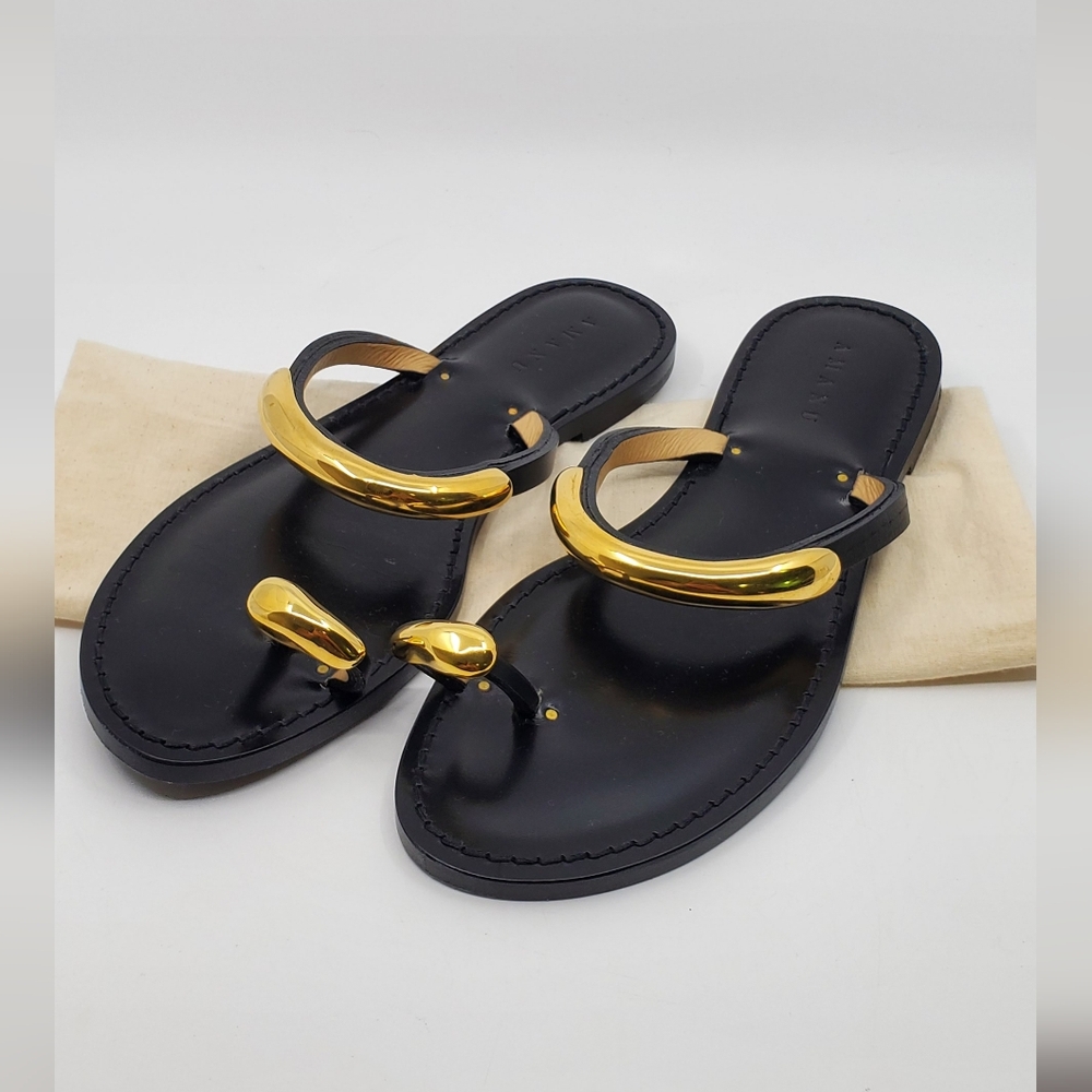 Black Leather Toe-Ring Sandals with Gold Accents